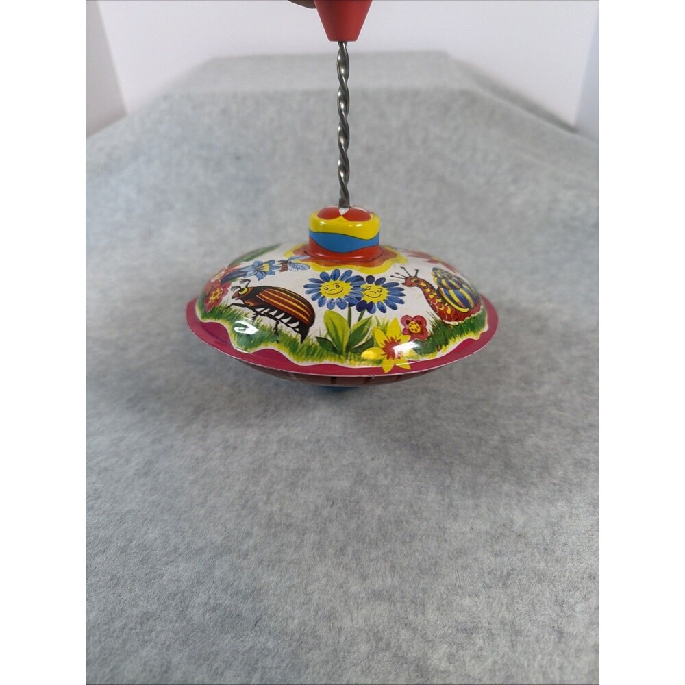 Vintage Retro LBZ Lorenz Bolz Tin Spinning Top Toy Insects Flowers Print Kids